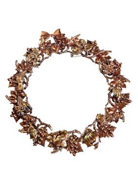 Vintage Gold-Tone All Seasons Wreath 12" Leaves Pumpkins Bows Grapes